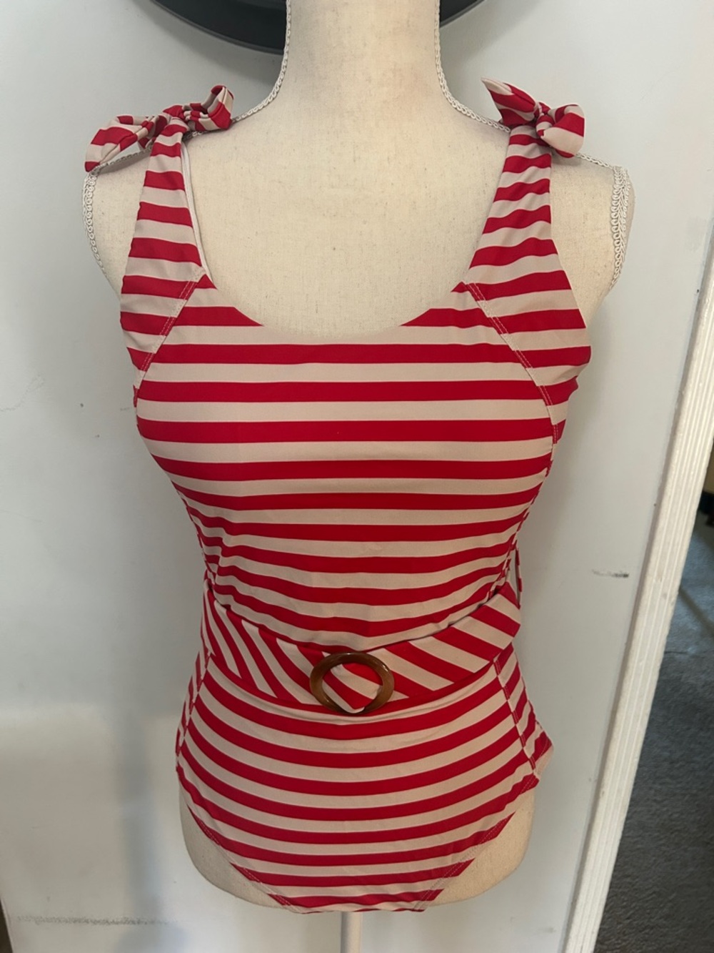 Red and Cream Striped Tie-Shoulder Women's Swimsuit